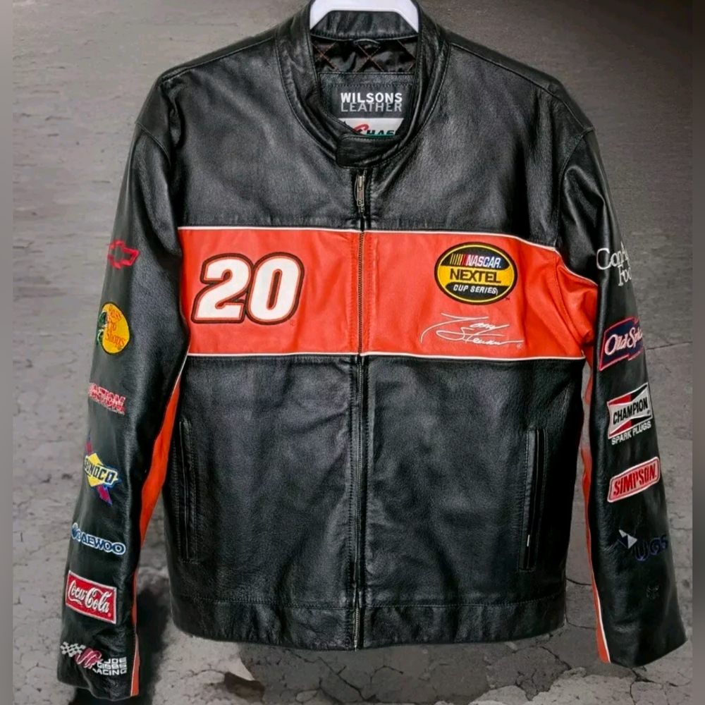 NASCAR Leather Jacket Mens M Tony Stewart Nextel Home Depot 2005 Patches Pocket